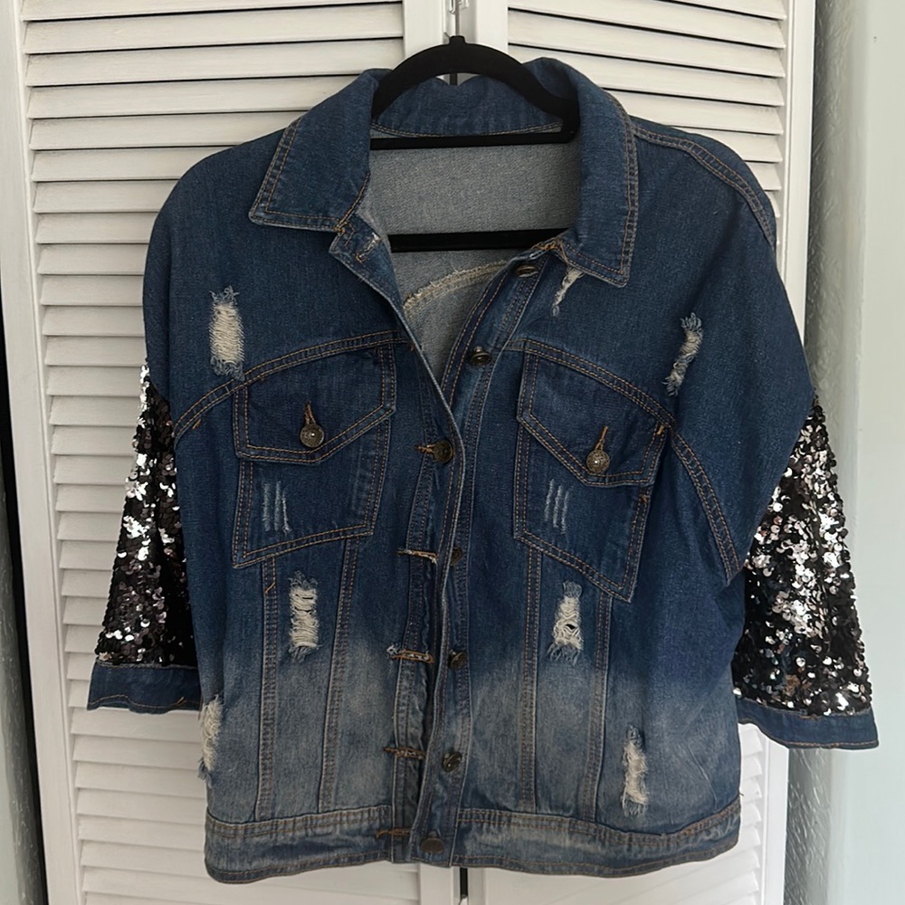 Oversized/ boxy denim jacket with sequin sleeves